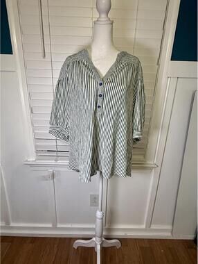 Figueroa & Flower Striped Button-Up Lightweight Blouse with 3/4 Sleeves